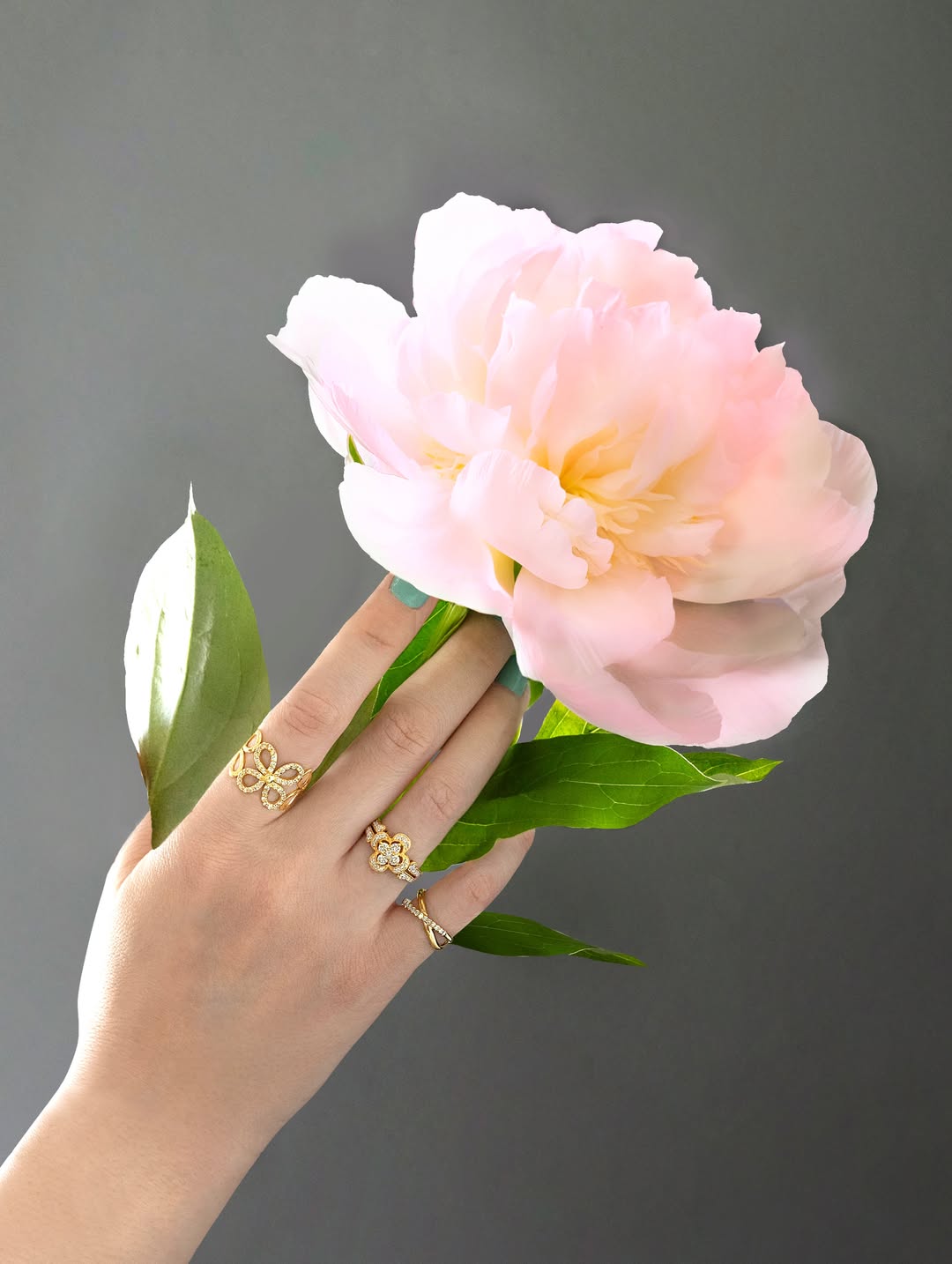 ピンクの芍薬を持つ手にゴールドのフラワーモチーフリング